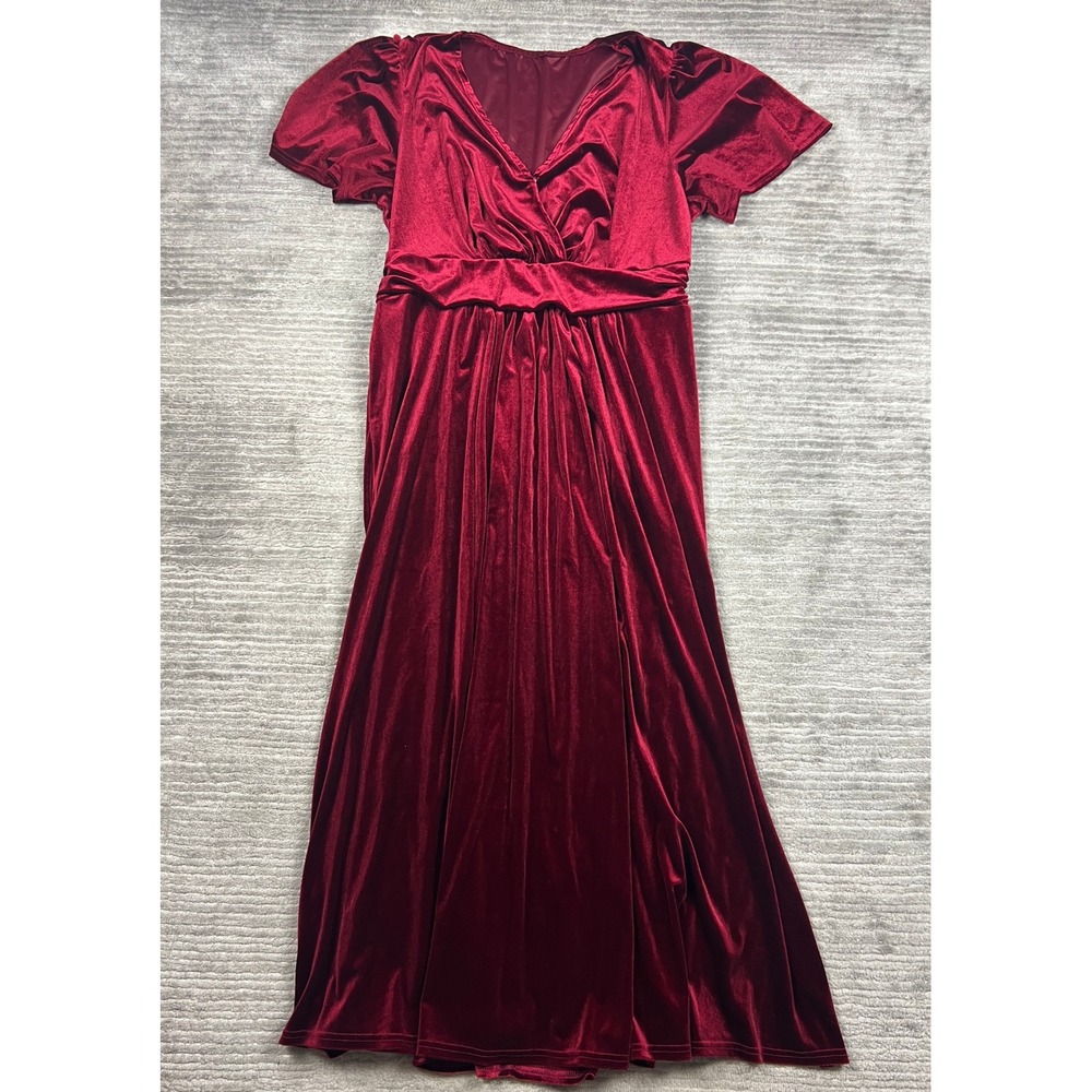 Unbranded Maxi Dress Women L Burgundy Velvet Wrap V-Neck Short Sleeve AP23DR0009